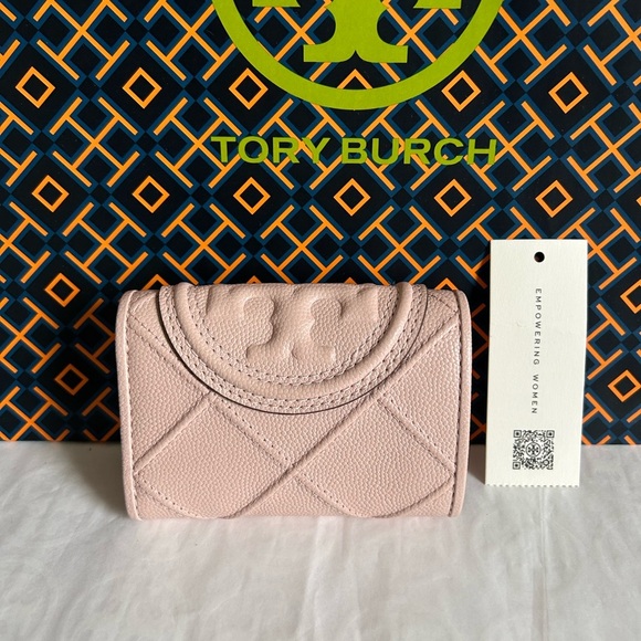 Tory Burch Fleming Soft Polished Grain Small Flap Wallet Pink Dawn Gold - Picture 2 of 9